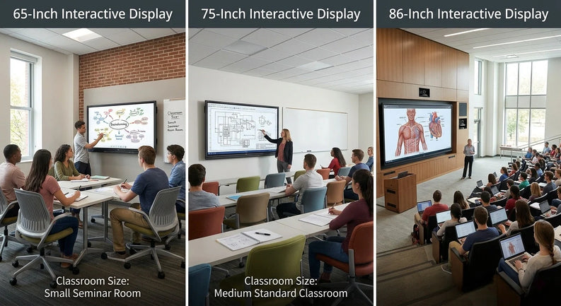 Comparison of interactive display sizes for small classrooms, hybrid learning spaces, and lecture halls.