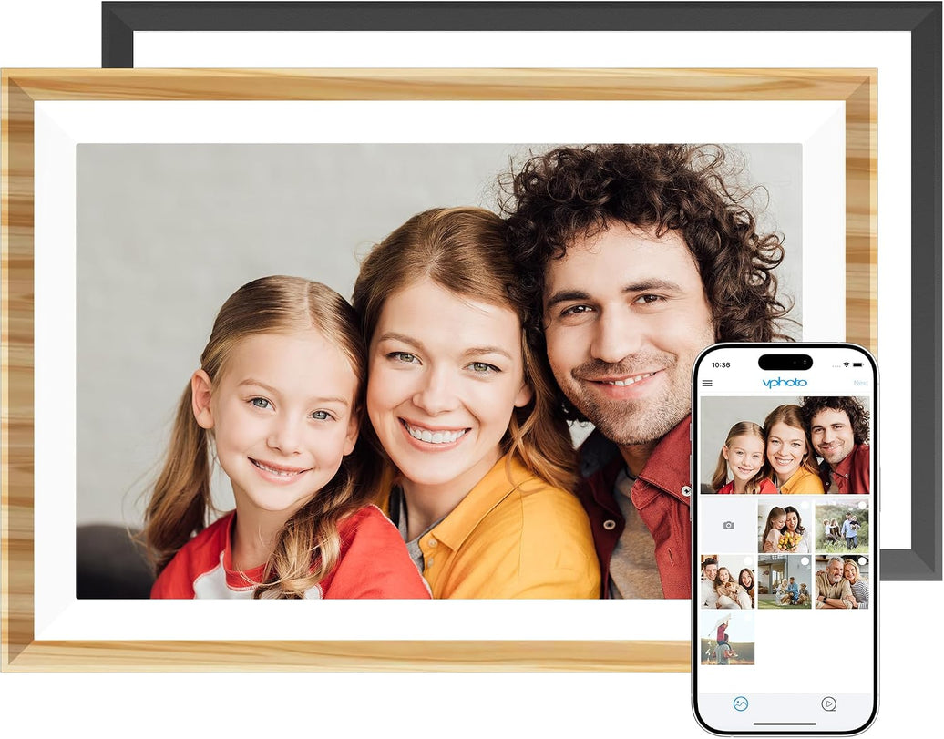 Woodgrain digital photo frame displaying a family photo, with Vphoto app illustration
