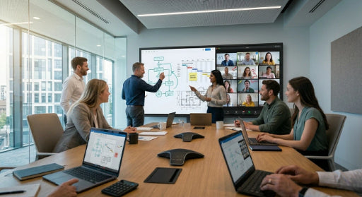Team collaborating on a digital screen with both remote and in-room participants